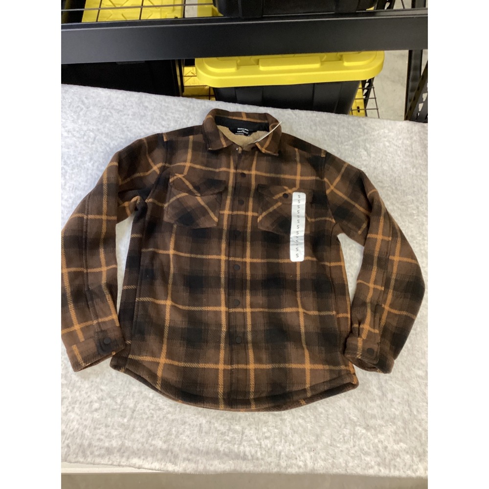 Members Mark Mens Fleece Shacket Sherpa Lined Plaid Brown Black Small NWT‎